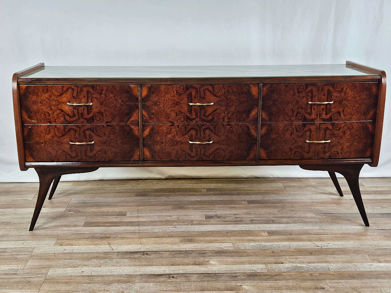 Wood chest of drawers with aqua green glass top, 1960s 1