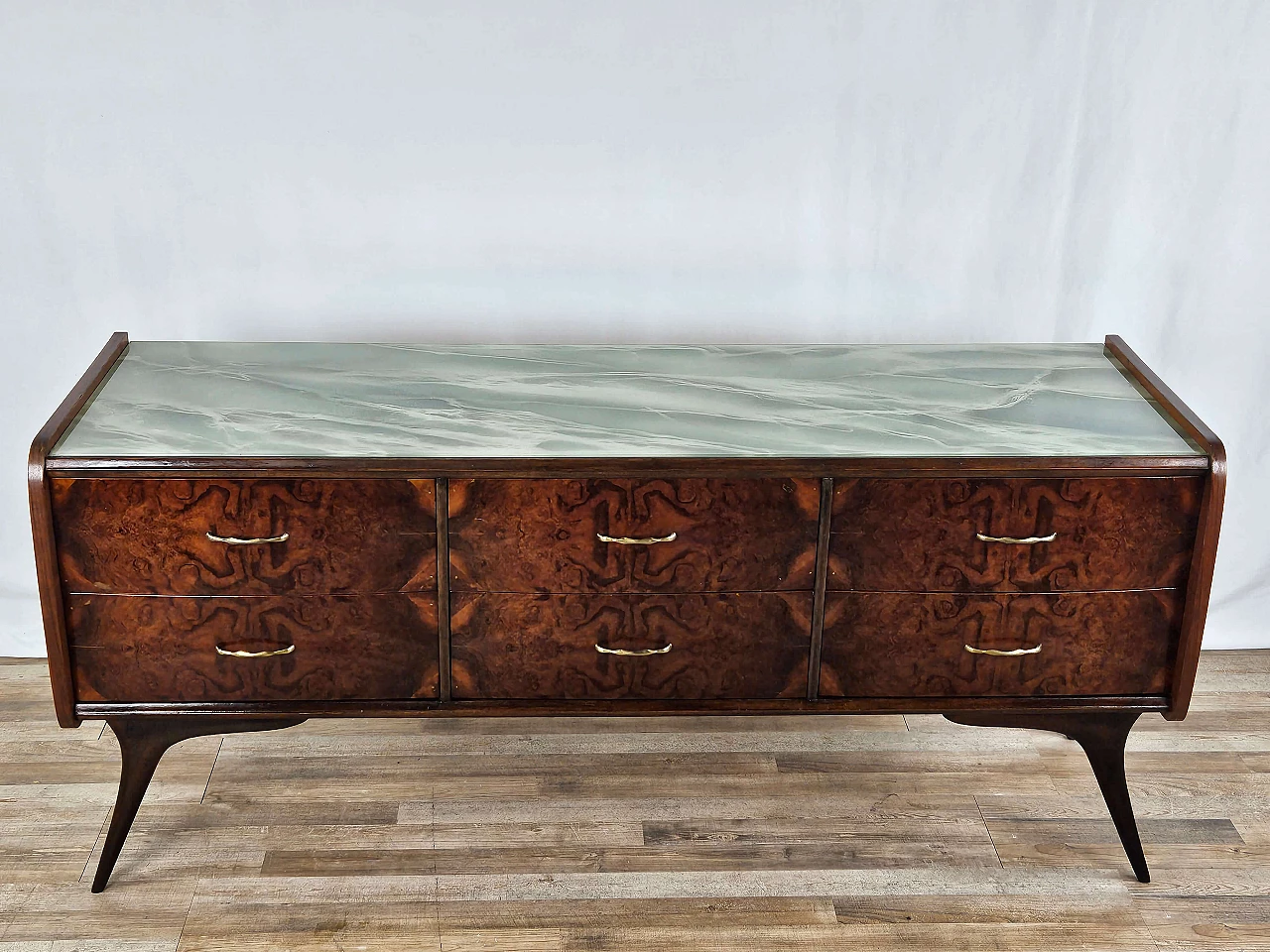 Wood chest of drawers with aqua green glass top, 1960s 2