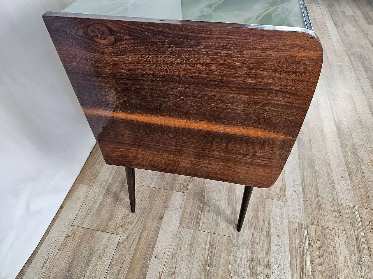 Wood chest of drawers with aqua green glass top, 1960s 3