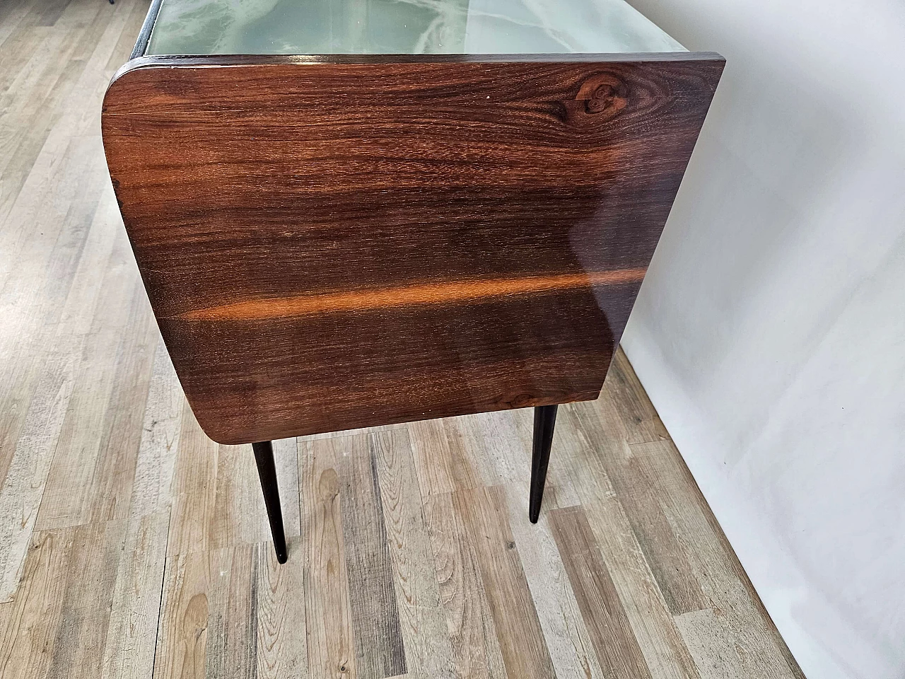 Wood chest of drawers with aqua green glass top, 1960s 4