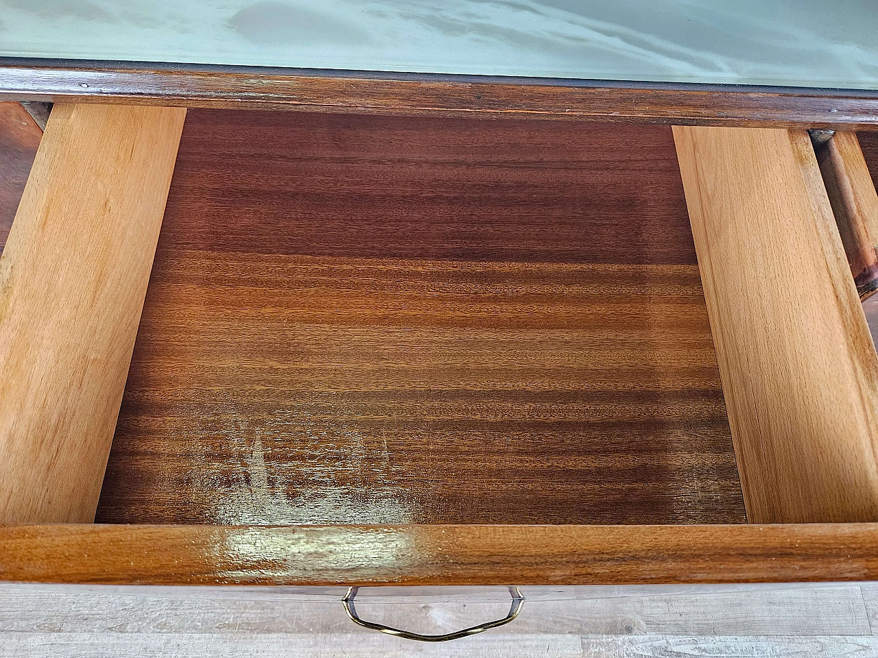 Wood chest of drawers with aqua green glass top, 1960s 25