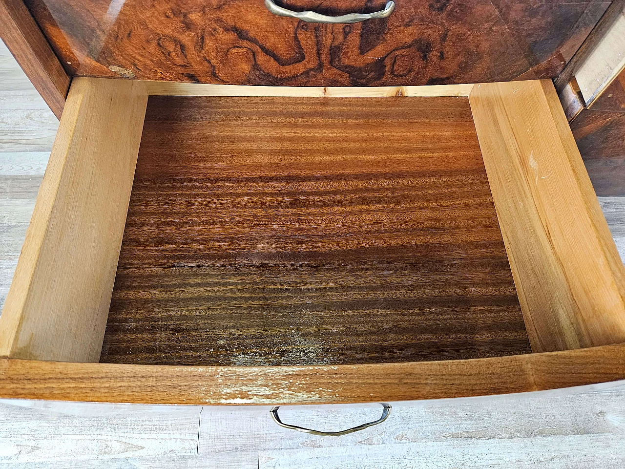 Wood chest of drawers with aqua green glass top, 1960s 26