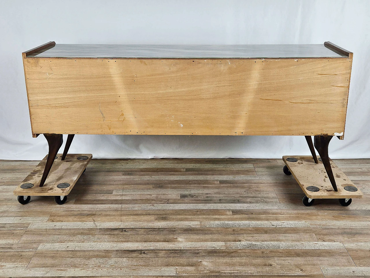 Wood chest of drawers with aqua green glass top, 1960s 28