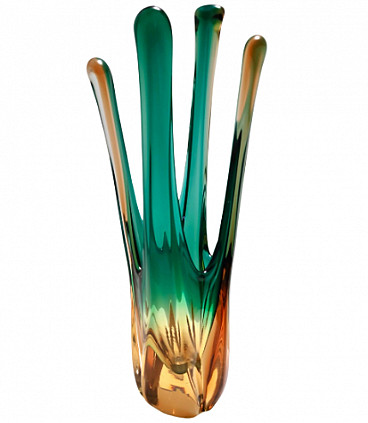 Vaso centrotavola in vetro di Murano verde e ambrato, anni '60