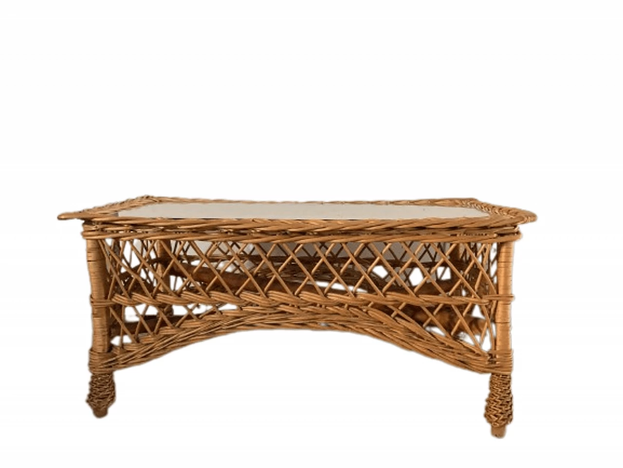 Rectangular bamboo and rattan coffee table with glass top, 1970s 1