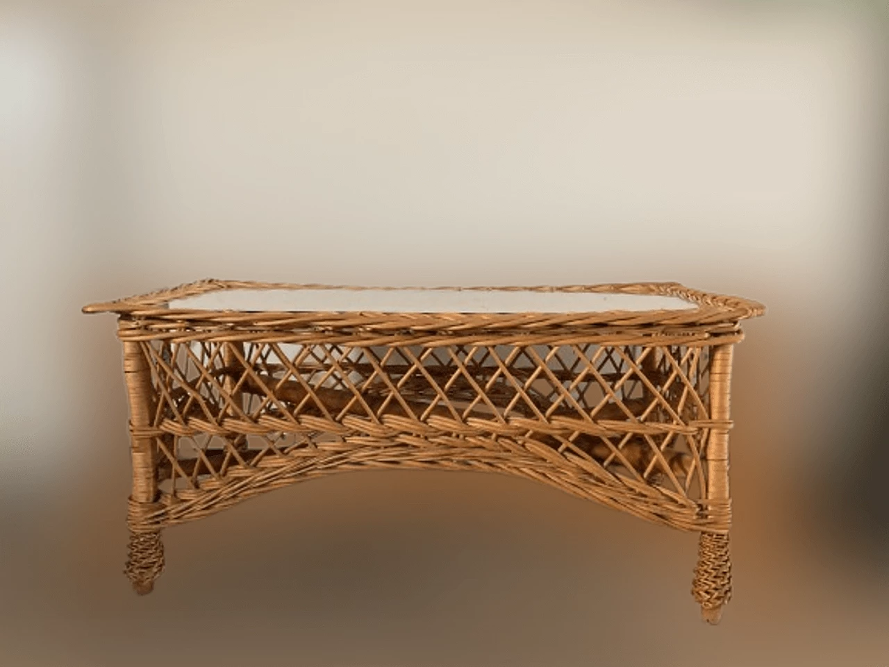 Rectangular bamboo and rattan coffee table with glass top, 1970s 2