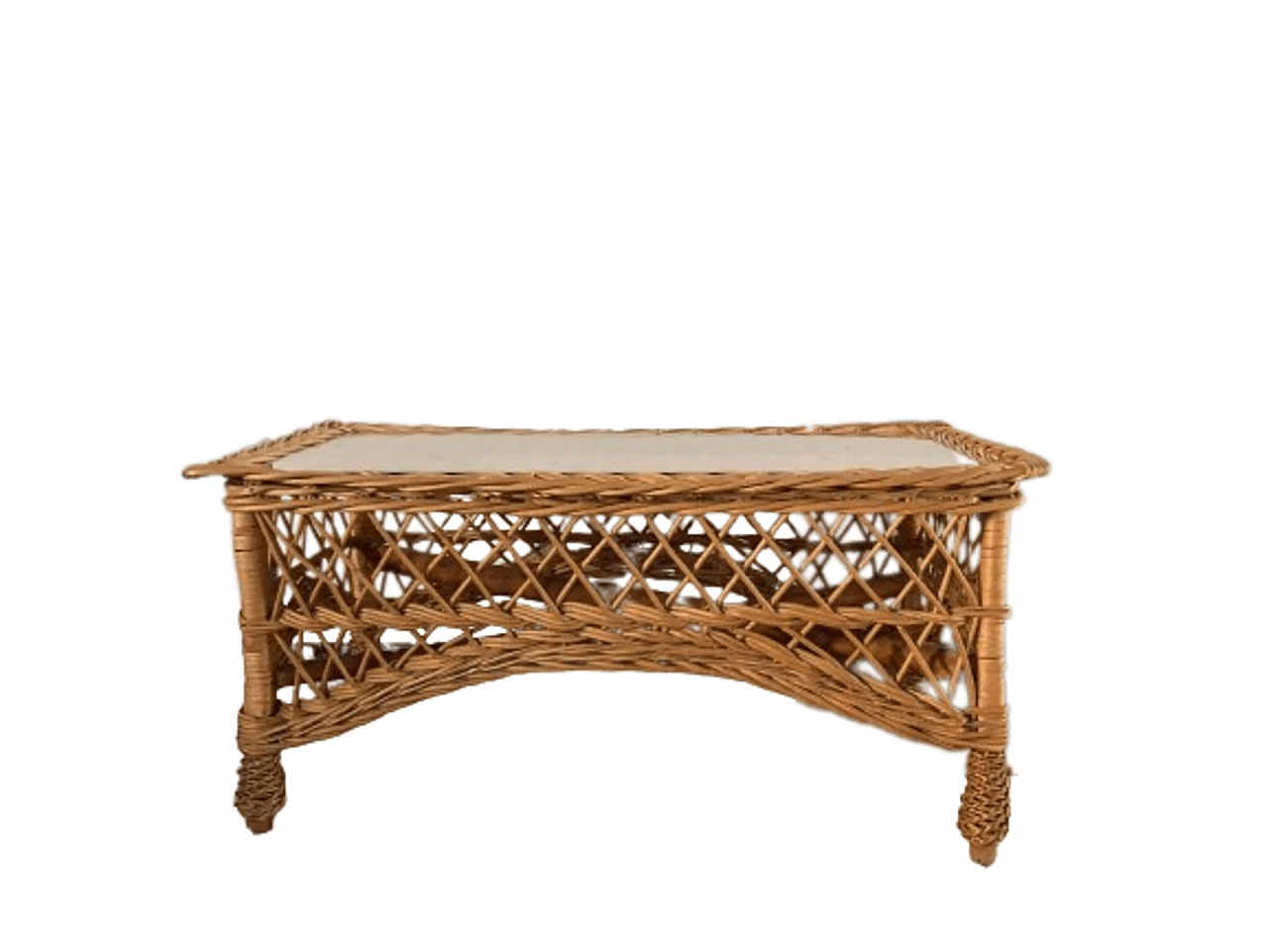 Rectangular bamboo and rattan coffee table with glass top, 1970s 3