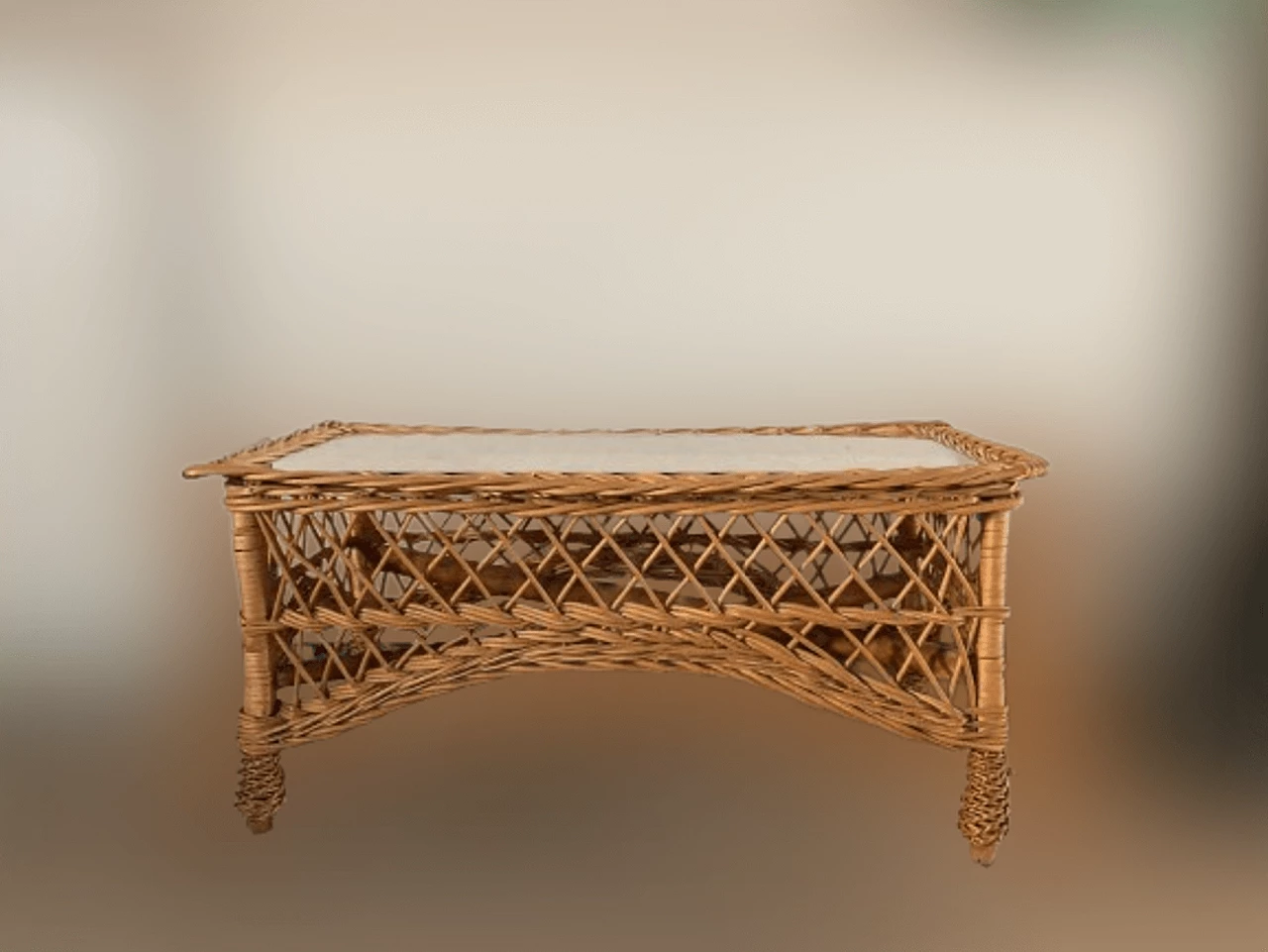 Rectangular bamboo and rattan coffee table with glass top, 1970s 4