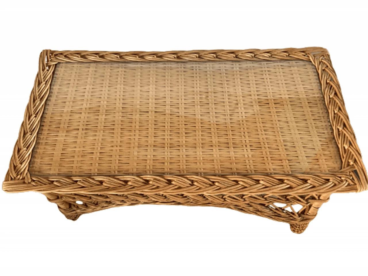 Rectangular bamboo and rattan coffee table with glass top, 1970s 5