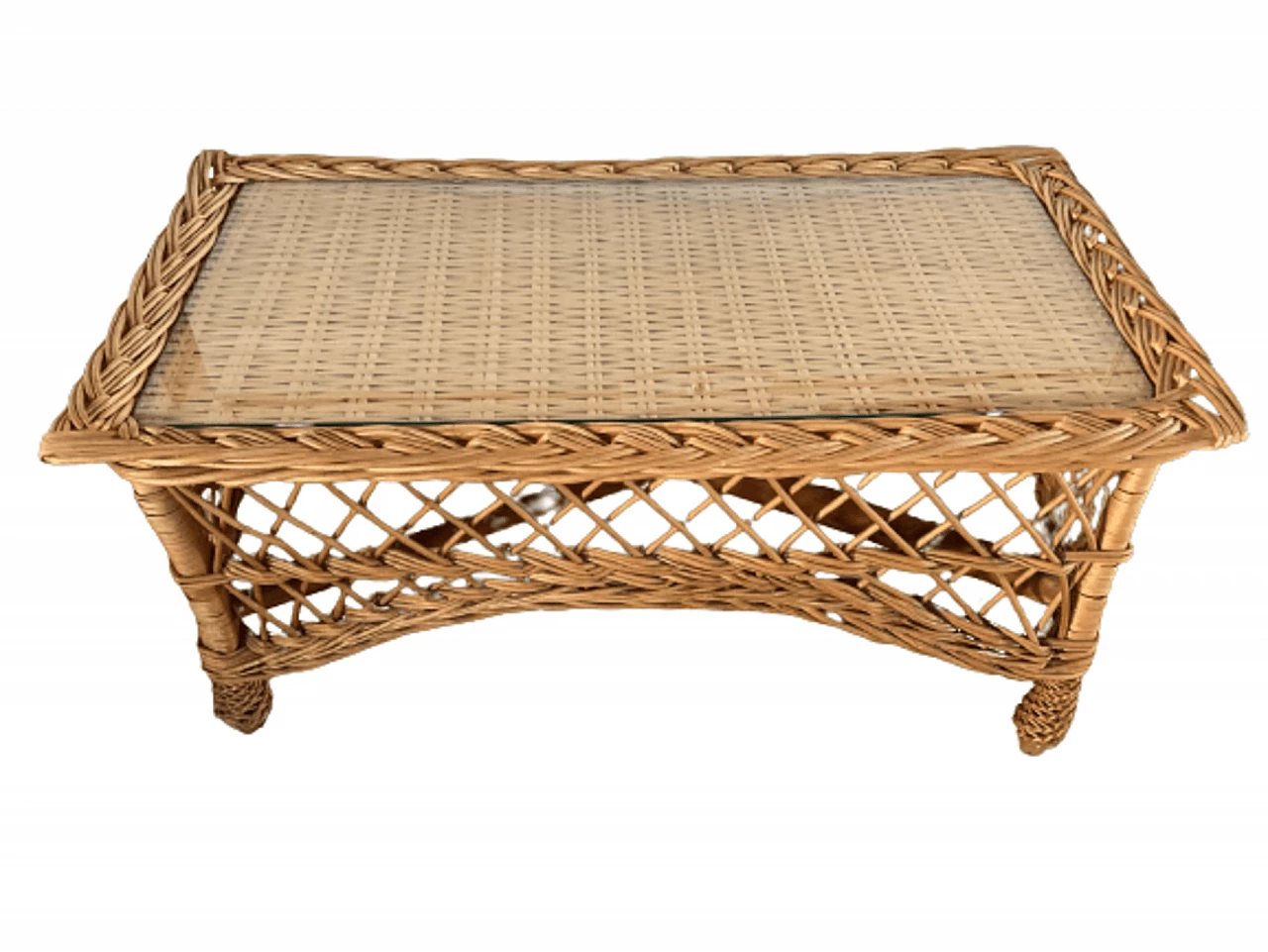 Rectangular bamboo and rattan coffee table with glass top, 1970s 6