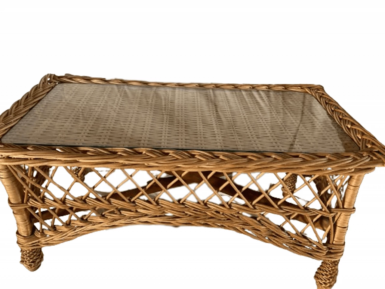 Rectangular bamboo and rattan coffee table with glass top, 1970s 8