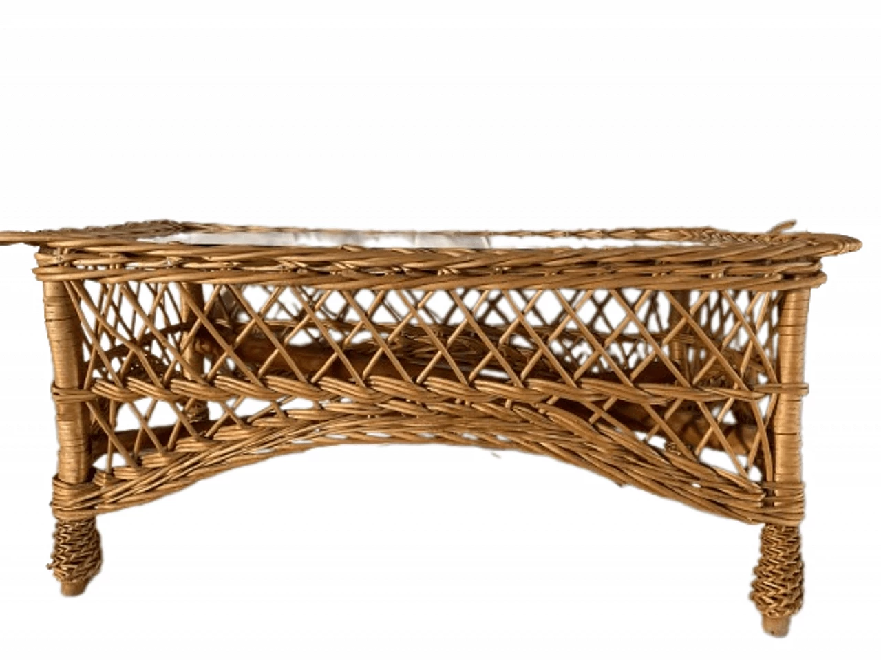 Rectangular bamboo and rattan coffee table with glass top, 1970s 9