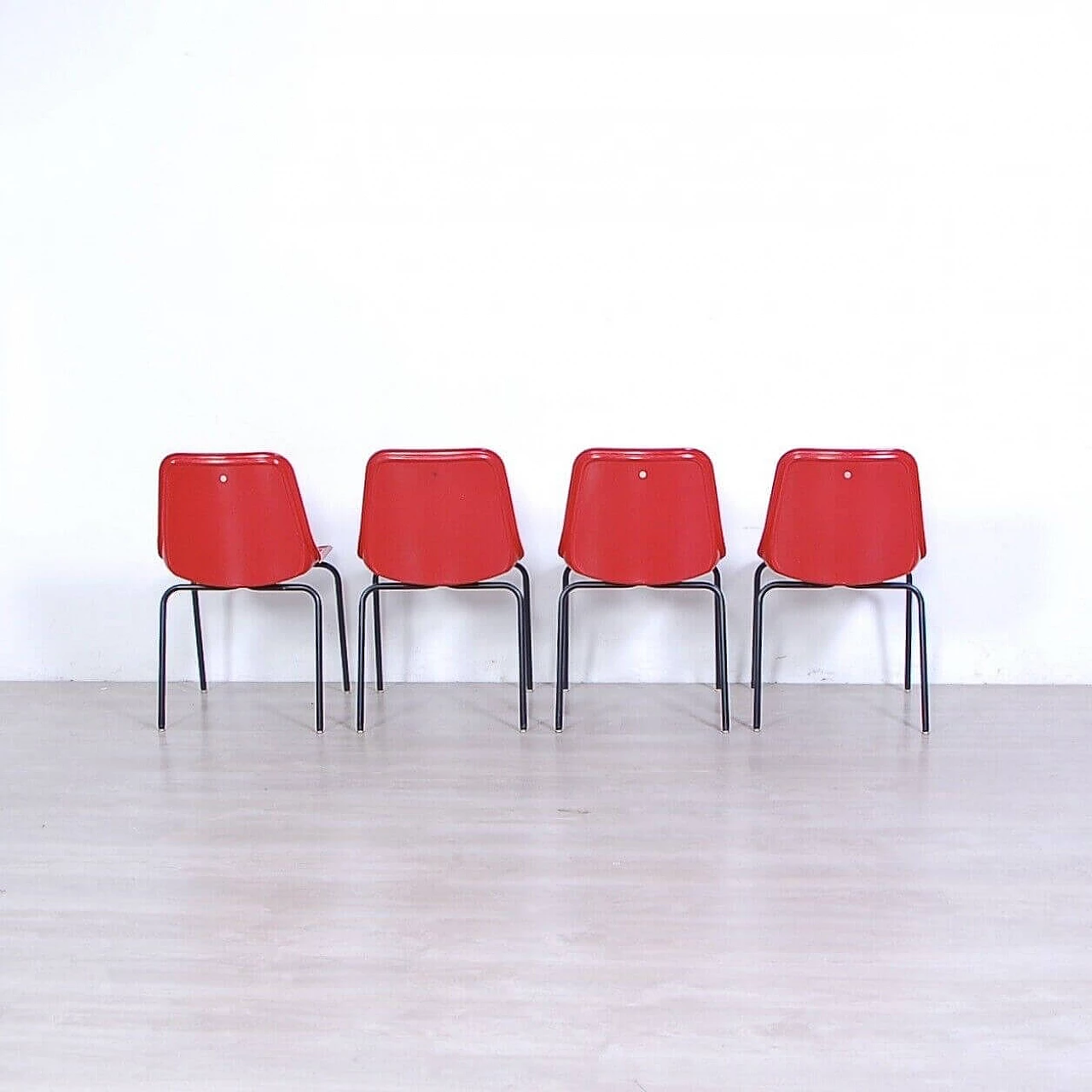 4 Iron and red plastic chairs by MIM Roma, 1960s 6