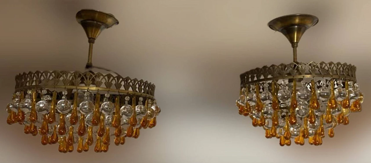 Pair of patinated brass and Murano glass chandeliers, 1950s 1