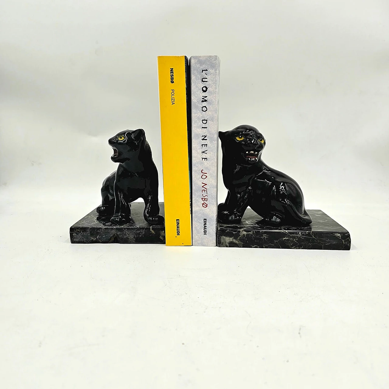 Pair of ceramic and marble bookends with panther cubs, 1930s 7