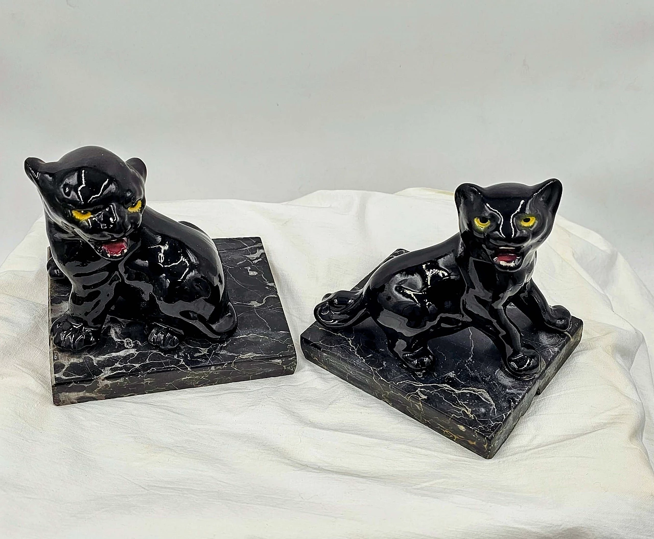 Pair of ceramic and marble bookends with panther cubs, 1930s 11