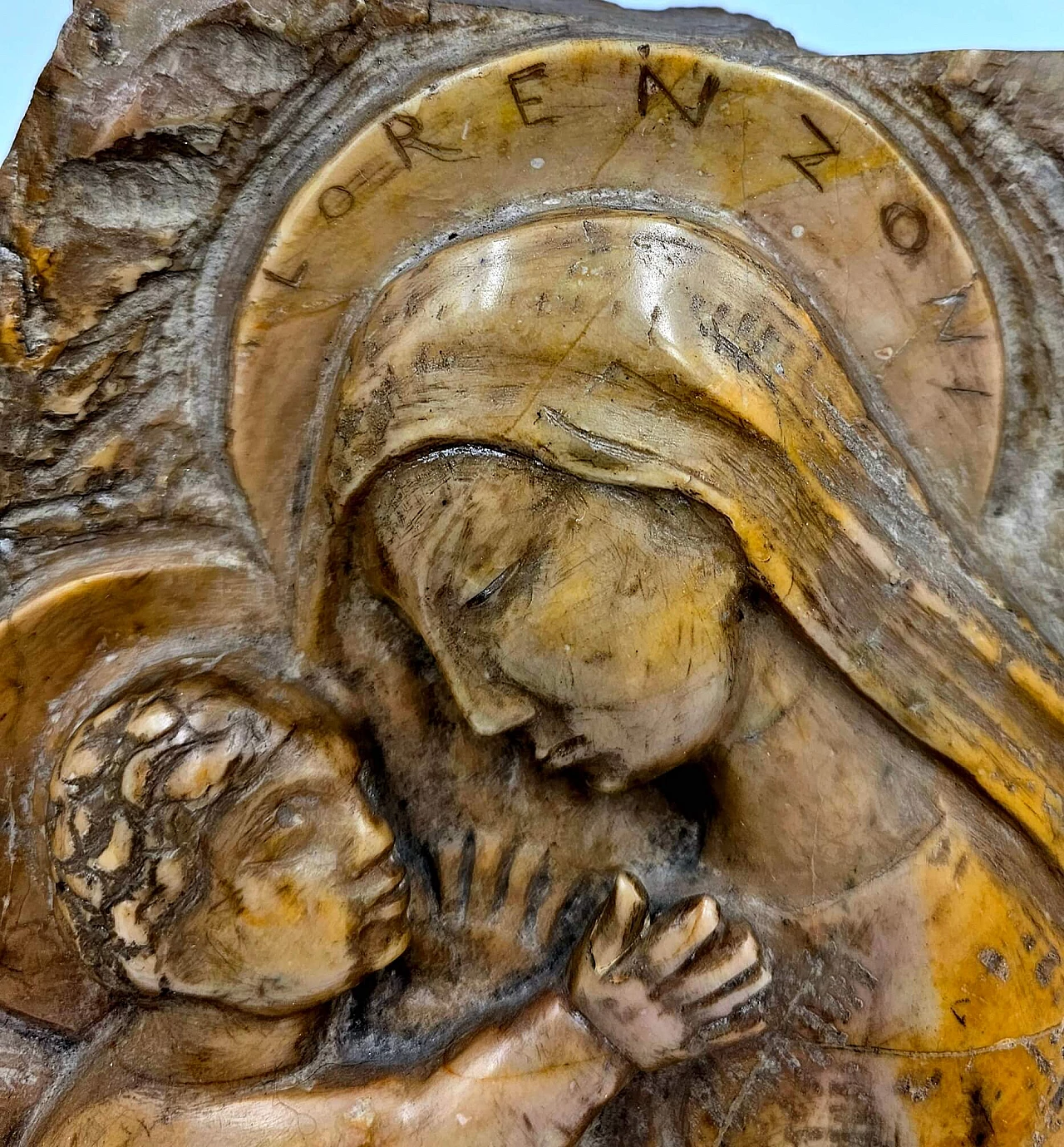 Pietro Lorenzoni, Madonna and Child, marble bas-relief, late 19th century 3