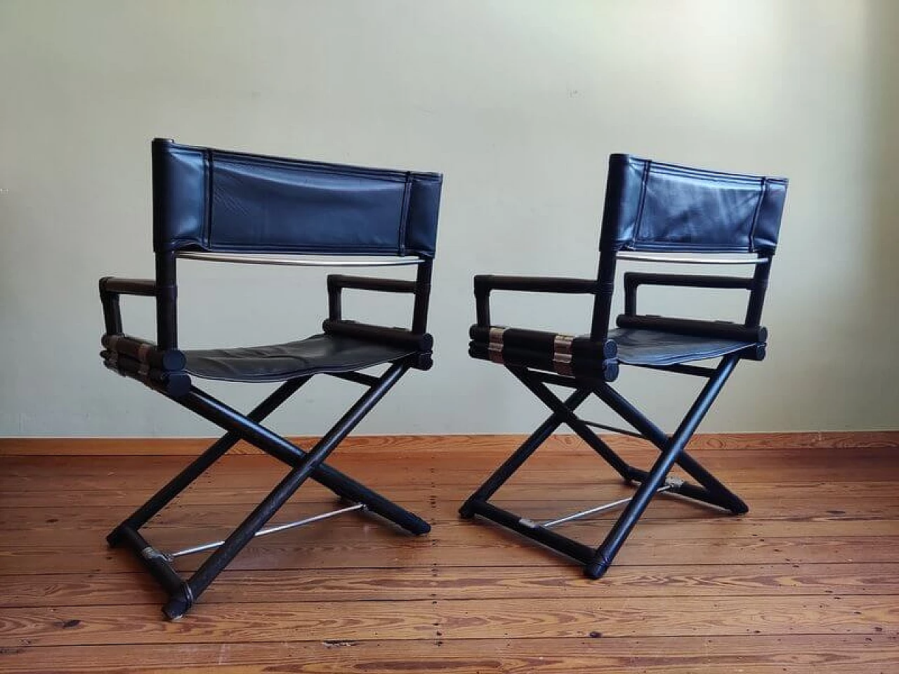 4 Director s chairs in oak leather and metal by McGuire 1950s intOndo