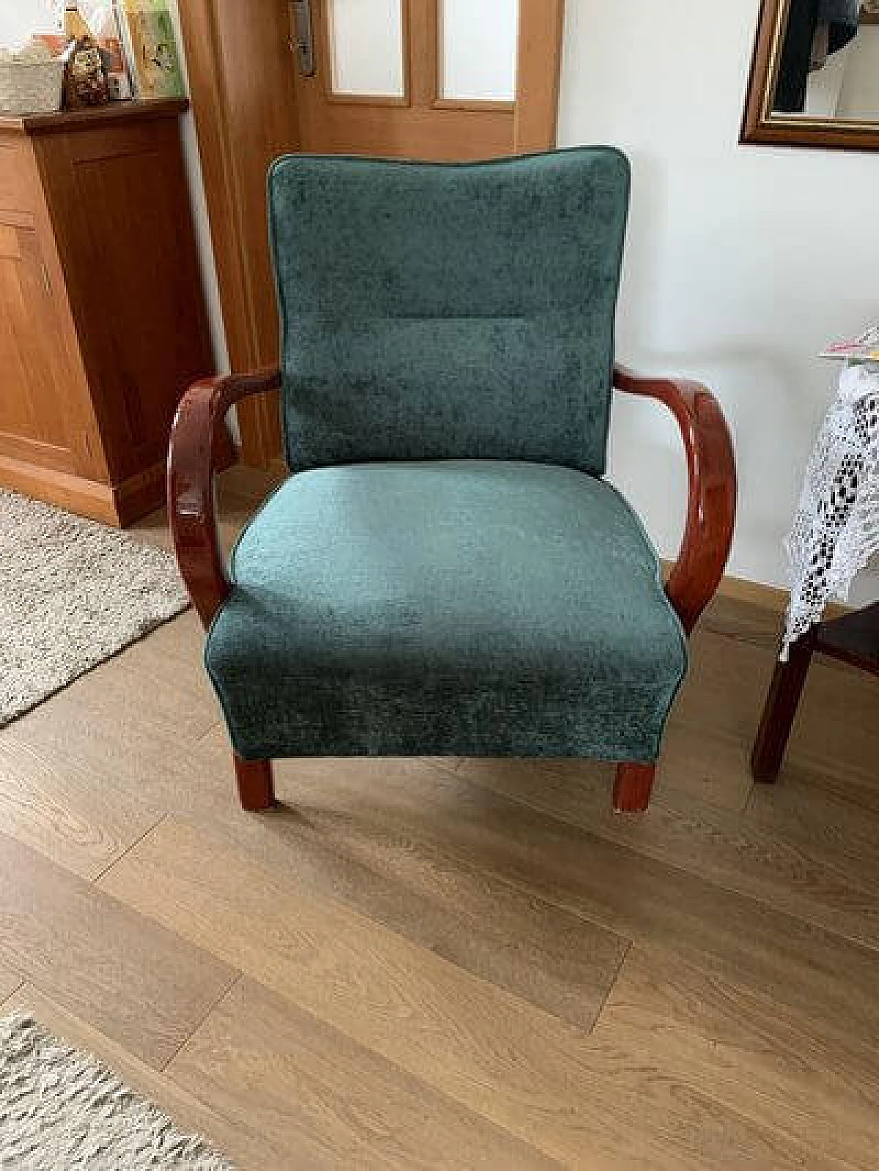 Art Deco armchair in green fabric and wood, 1920s 3