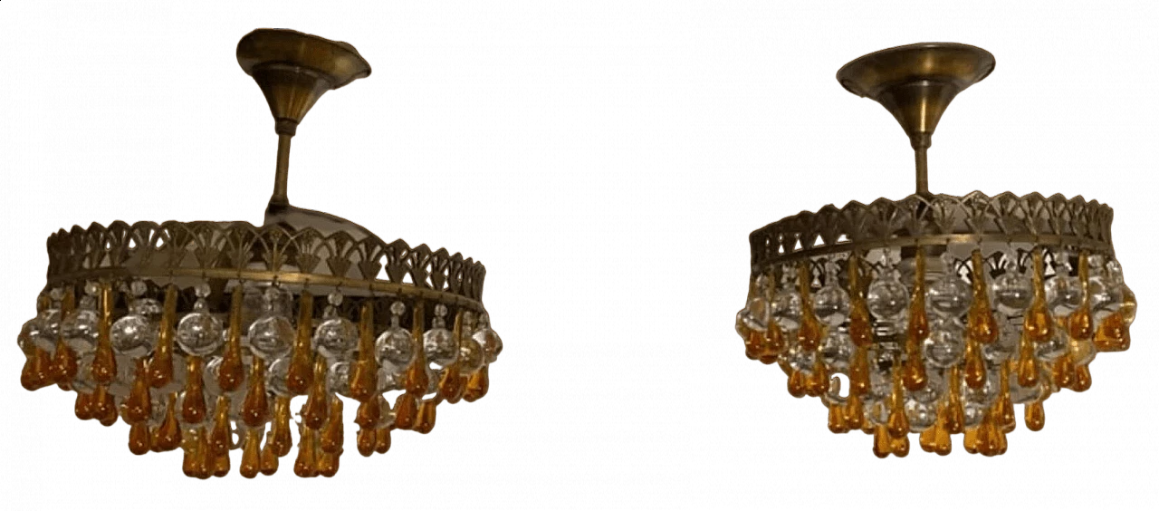 Pair of patinated brass and Murano glass chandeliers, 1950s 10