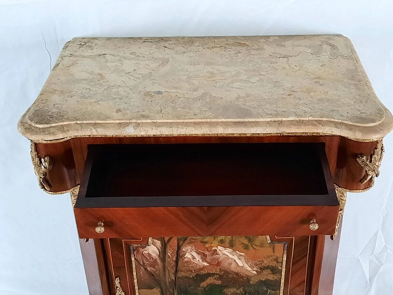 Credenza stile Luigi XVI in faggio e marmo con anta dipinta, fine '800 2