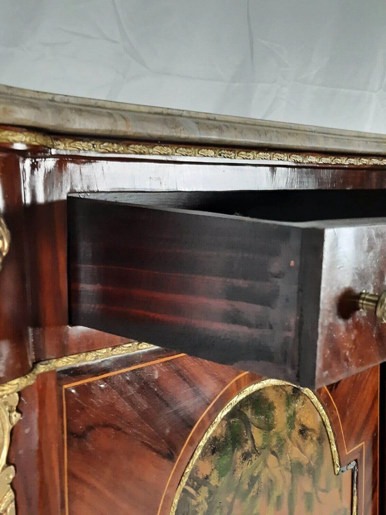 Credenza stile Luigi XVI in faggio e marmo con anta dipinta, fine '800 9