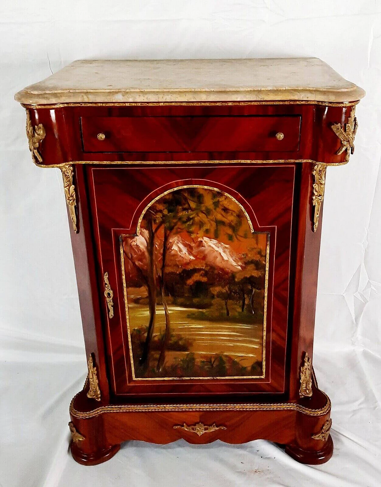 Louis XVI style beech and marble sideboard with painted door, late 19th century 16