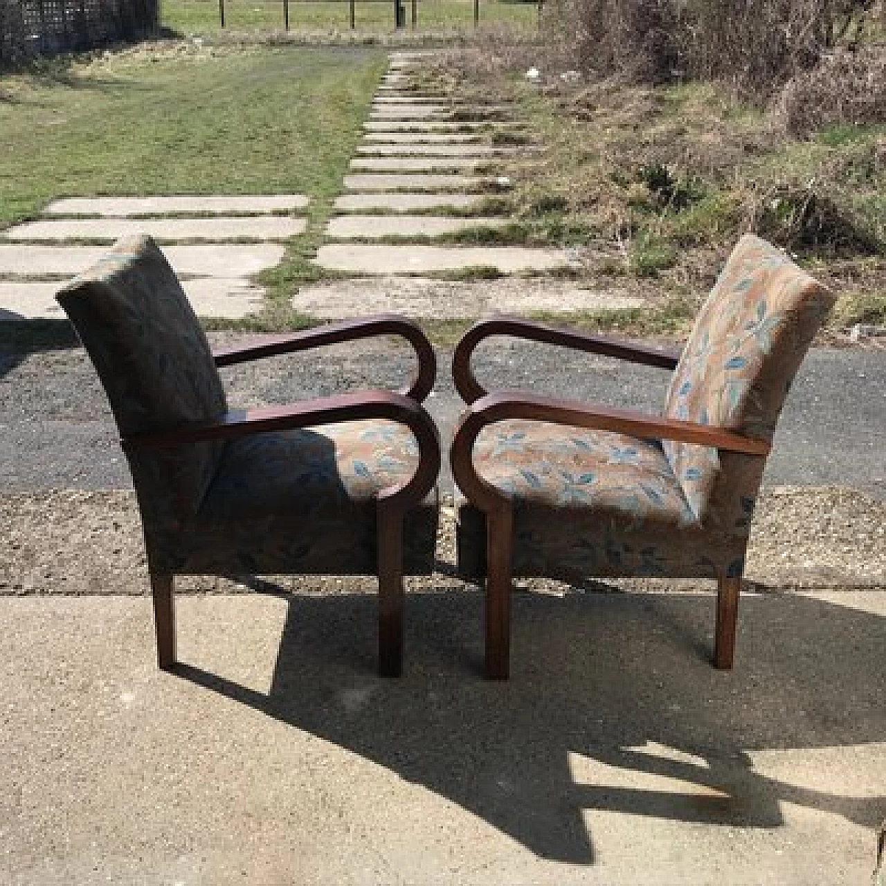 Pair of Hungarian Art Deco solid walnut and fabric armchairs, 1930s 3