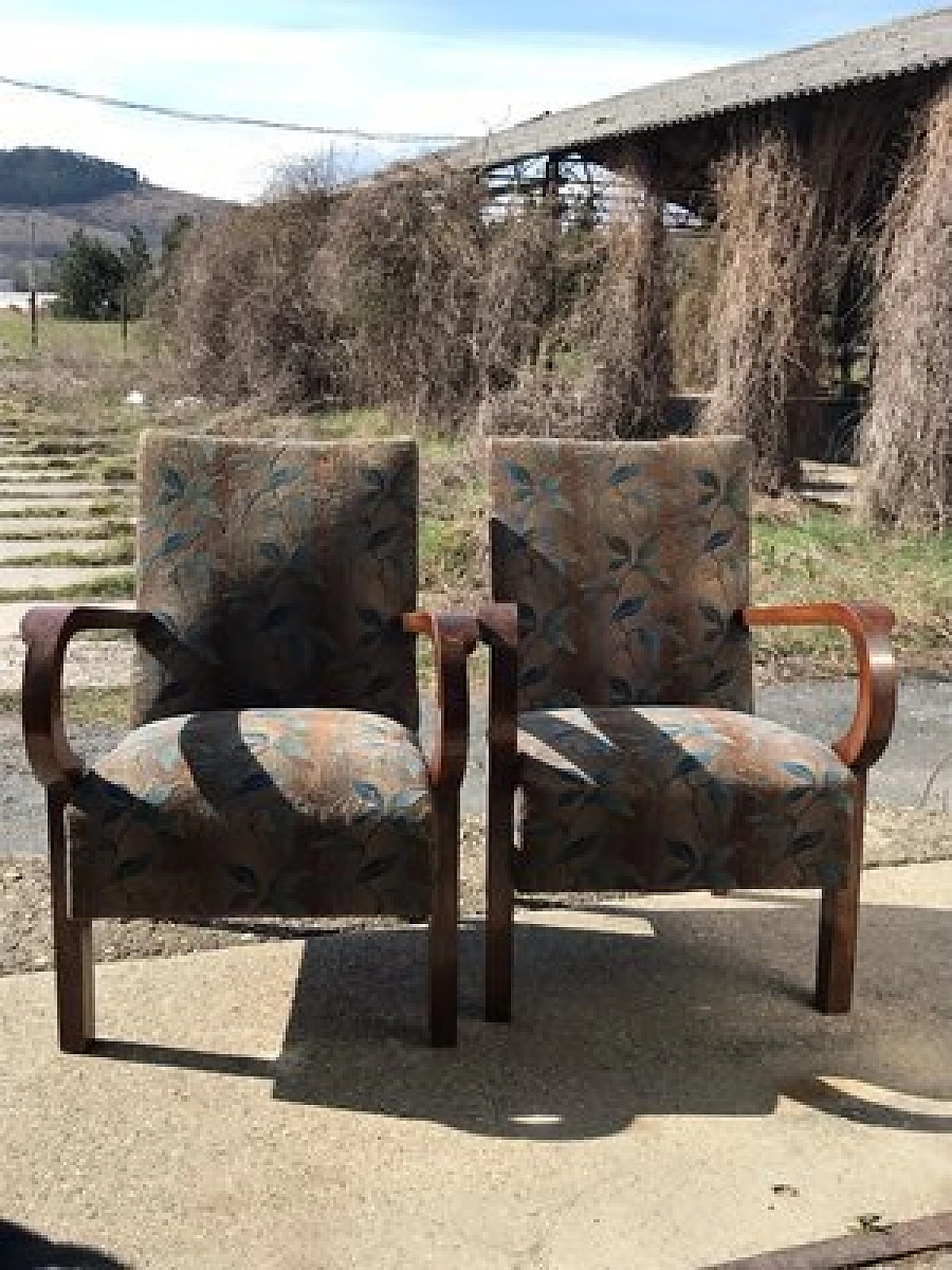 Pair of Hungarian Art Deco solid walnut and fabric armchairs, 1930s 4