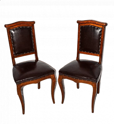 Pair of Direttorio chairs in walnut with brown leather upholstery, 19th century