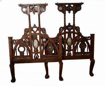 Walnut bed in Gothic style with marble and stone inlays, 19th century