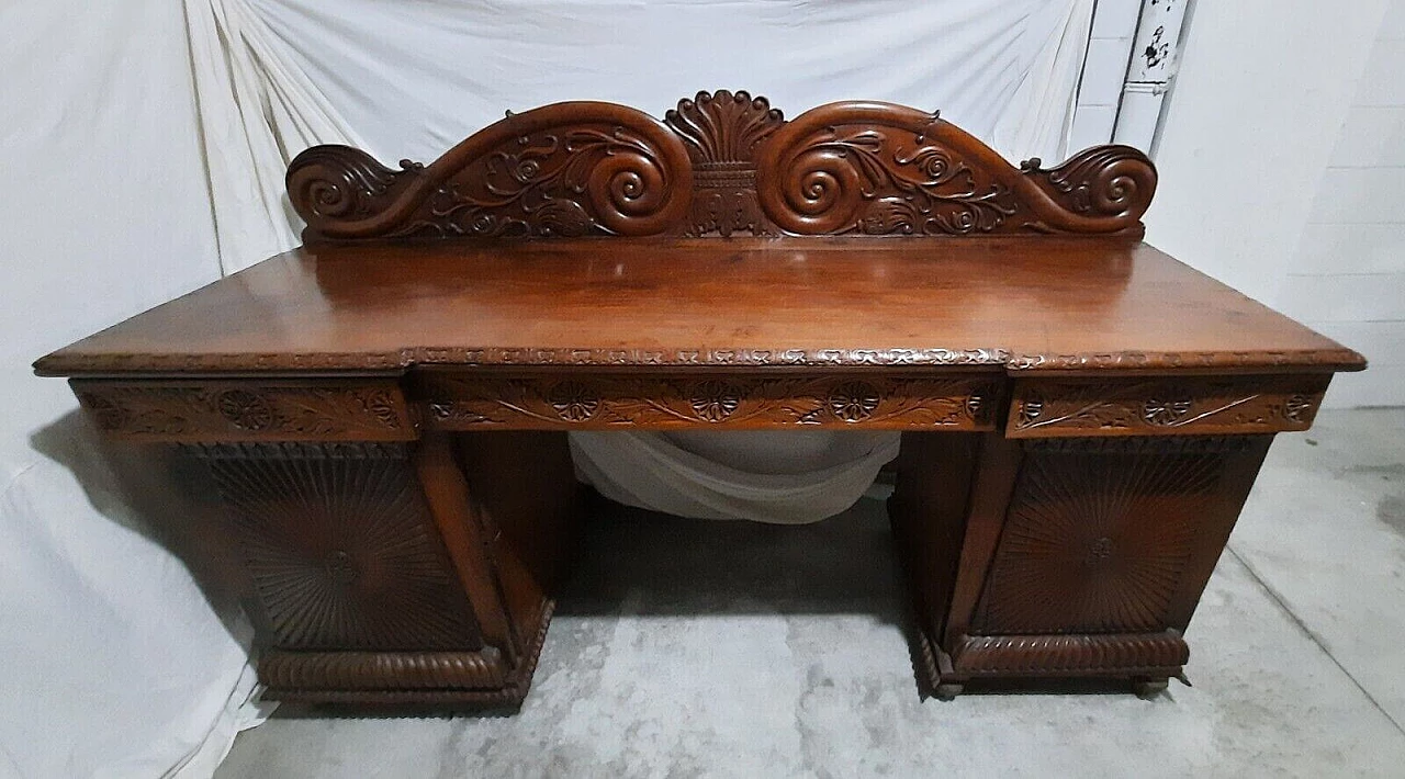 Credenza Regency in mogano con piano a tre cassetti, primo quarto '800 1