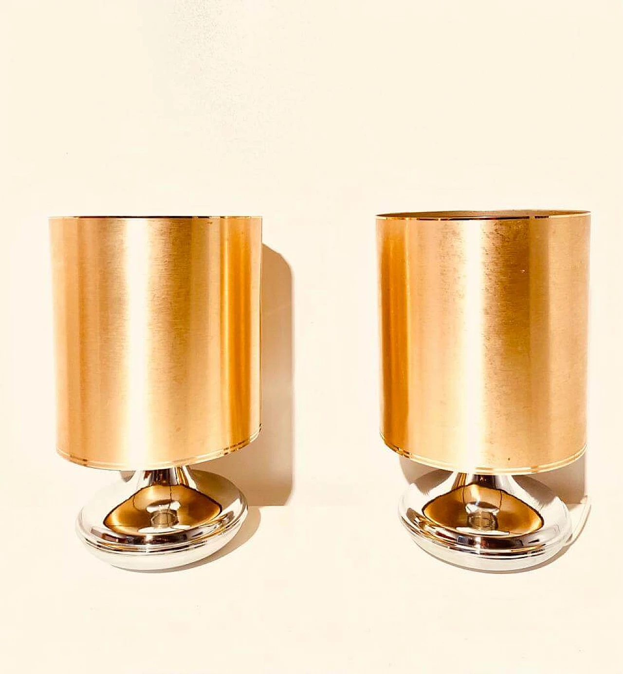 Pair of brass and chrome-plated iron table lamps, 1970s 2