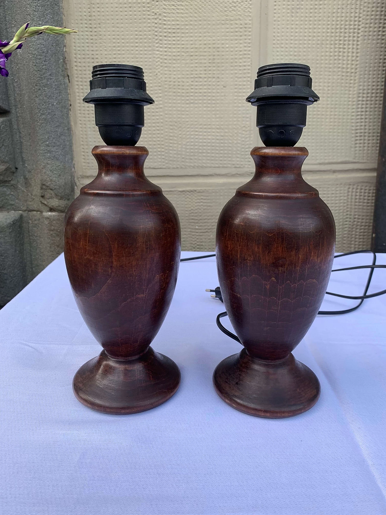 Pair of exotic wood table lamps in classical style, 1950s 2