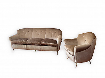 Three-seater Velvet Sofa And Armchair With Brass Legs, 1950s | IntOndo