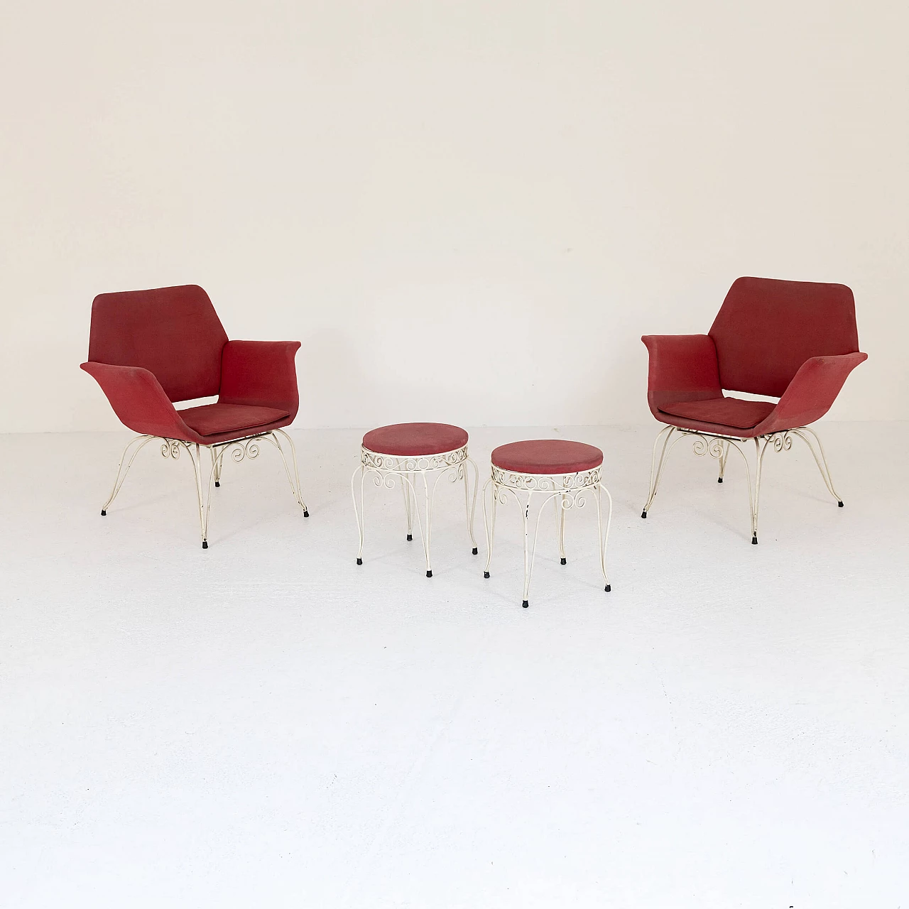 Pair of iron and fabric armchairs and pouf, 1950s 1