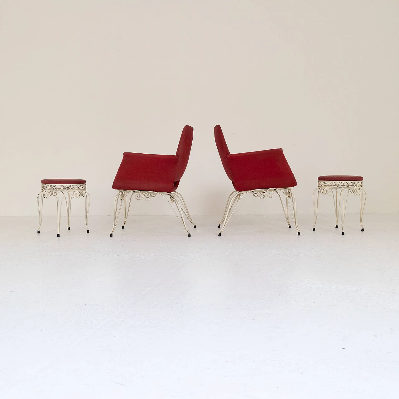 Pair of iron and fabric armchairs and pouf, 1950s 4