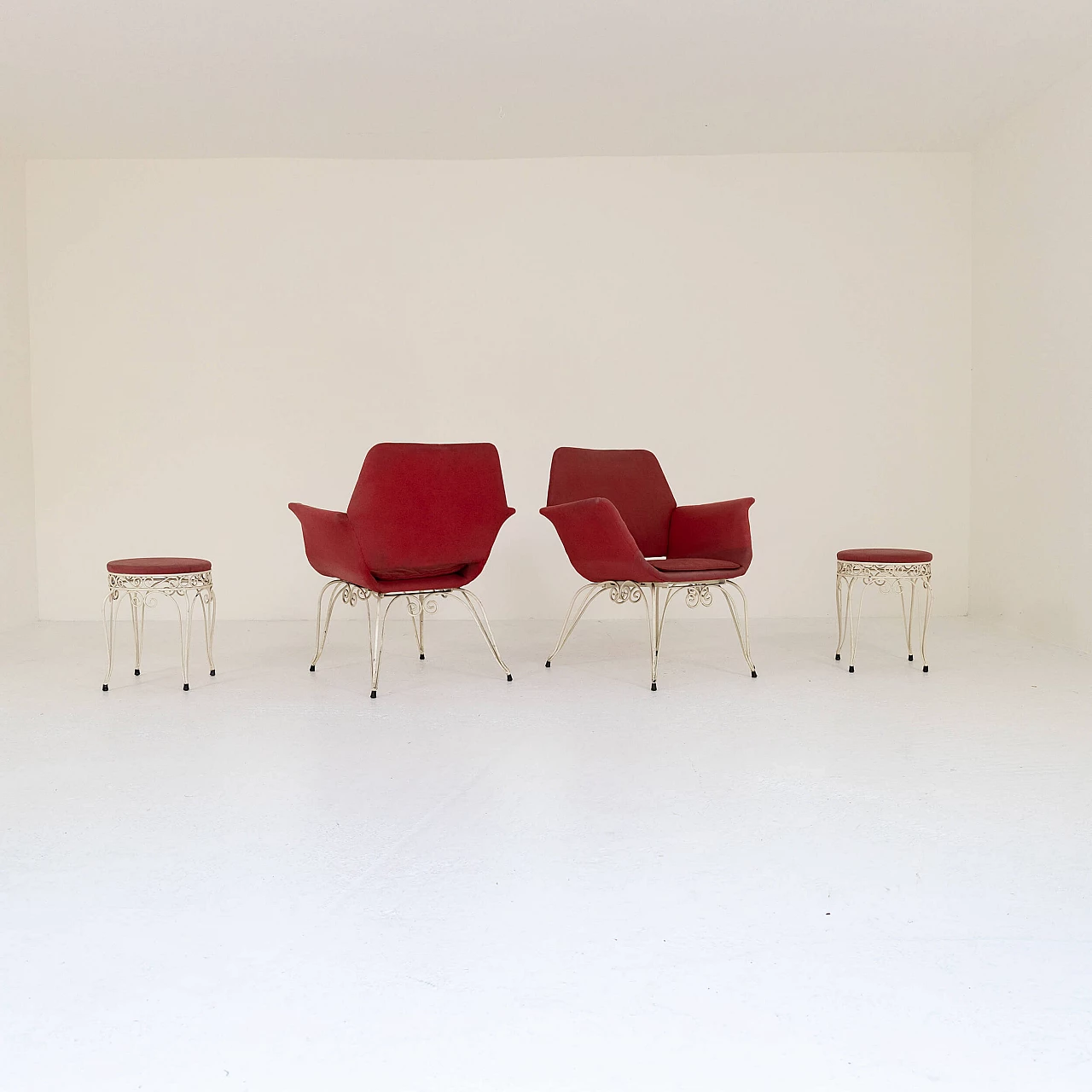 Pair of iron and fabric armchairs and pouf, 1950s 5