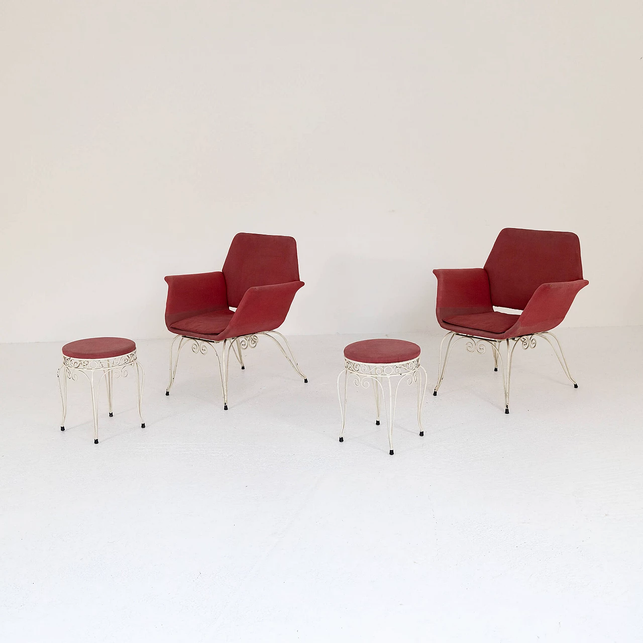 Pair of iron and fabric armchairs and pouf, 1950s 6