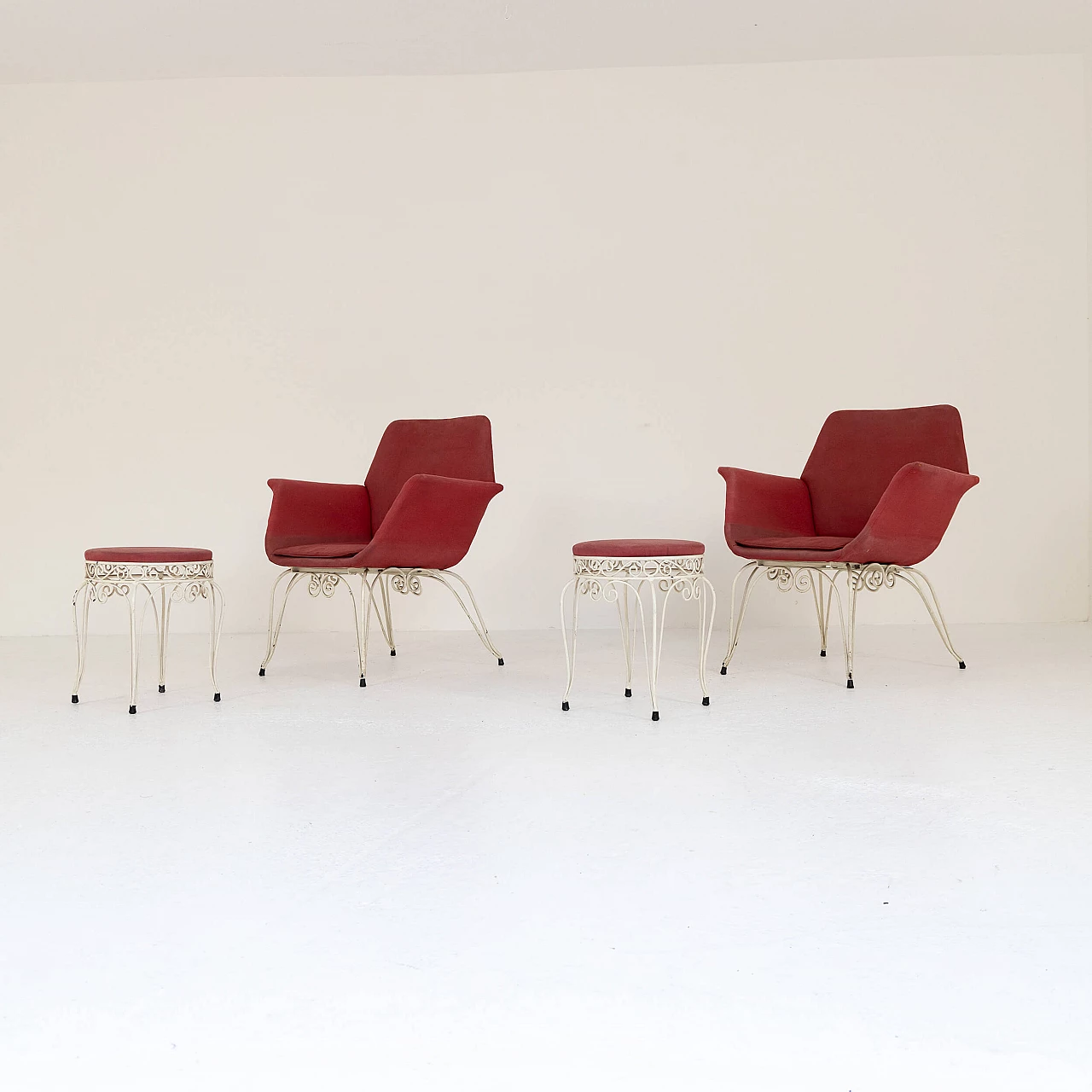 Pair of iron and fabric armchairs and pouf, 1950s 7