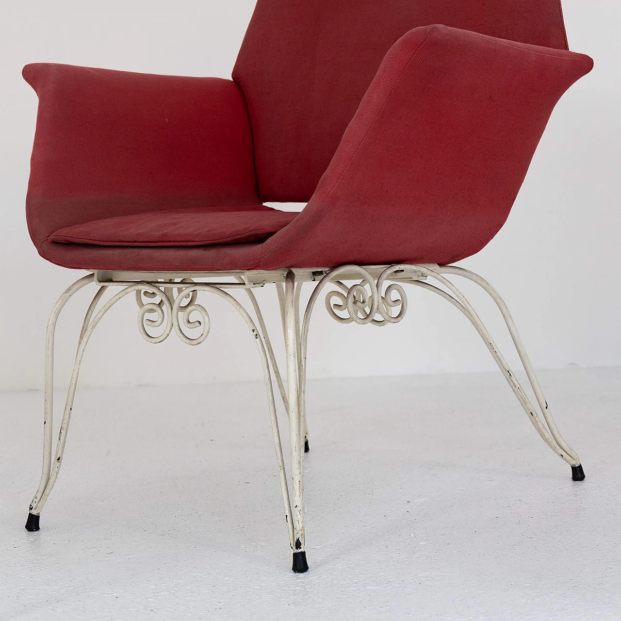 Pair of iron and fabric armchairs and pouf, 1950s 9