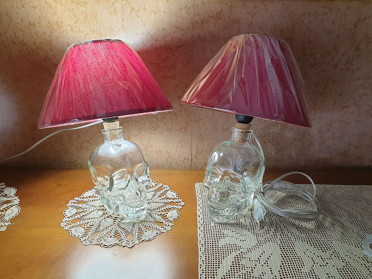 Pair of skull table lamps with Crystal Head Vodka bottle, 2000s 1