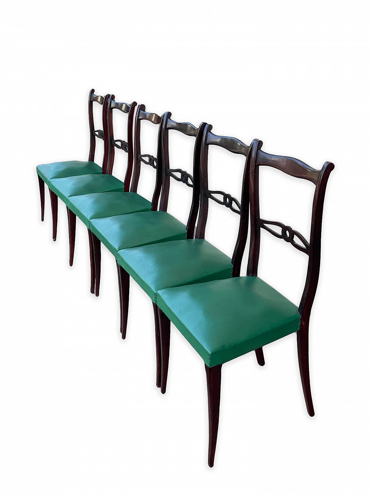 6 Mahogany chairs with green fabric seat, 1960s 2