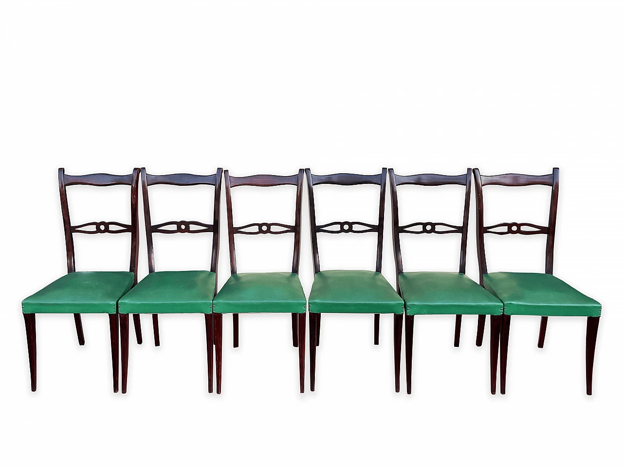 6 Mahogany chairs with green fabric seat, 1960s 3