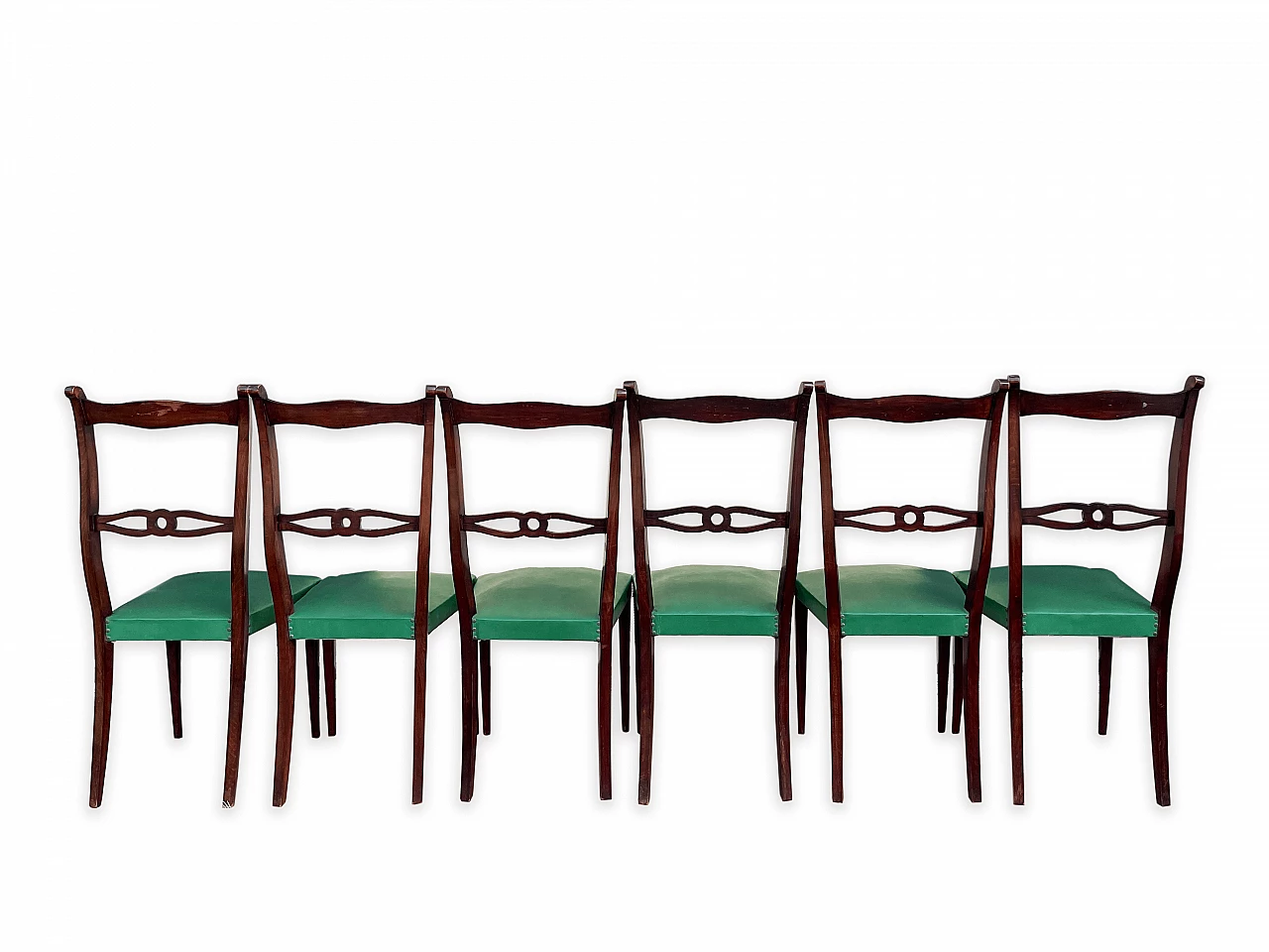 6 Mahogany chairs with green fabric seat, 1960s 4