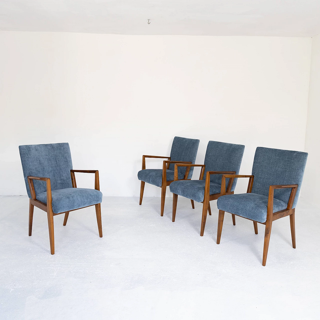 4 Armchairs in walnut and velvet, 1950s 2