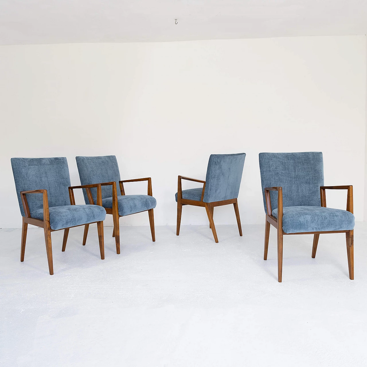 4 Armchairs in walnut and velvet, 1950s 4