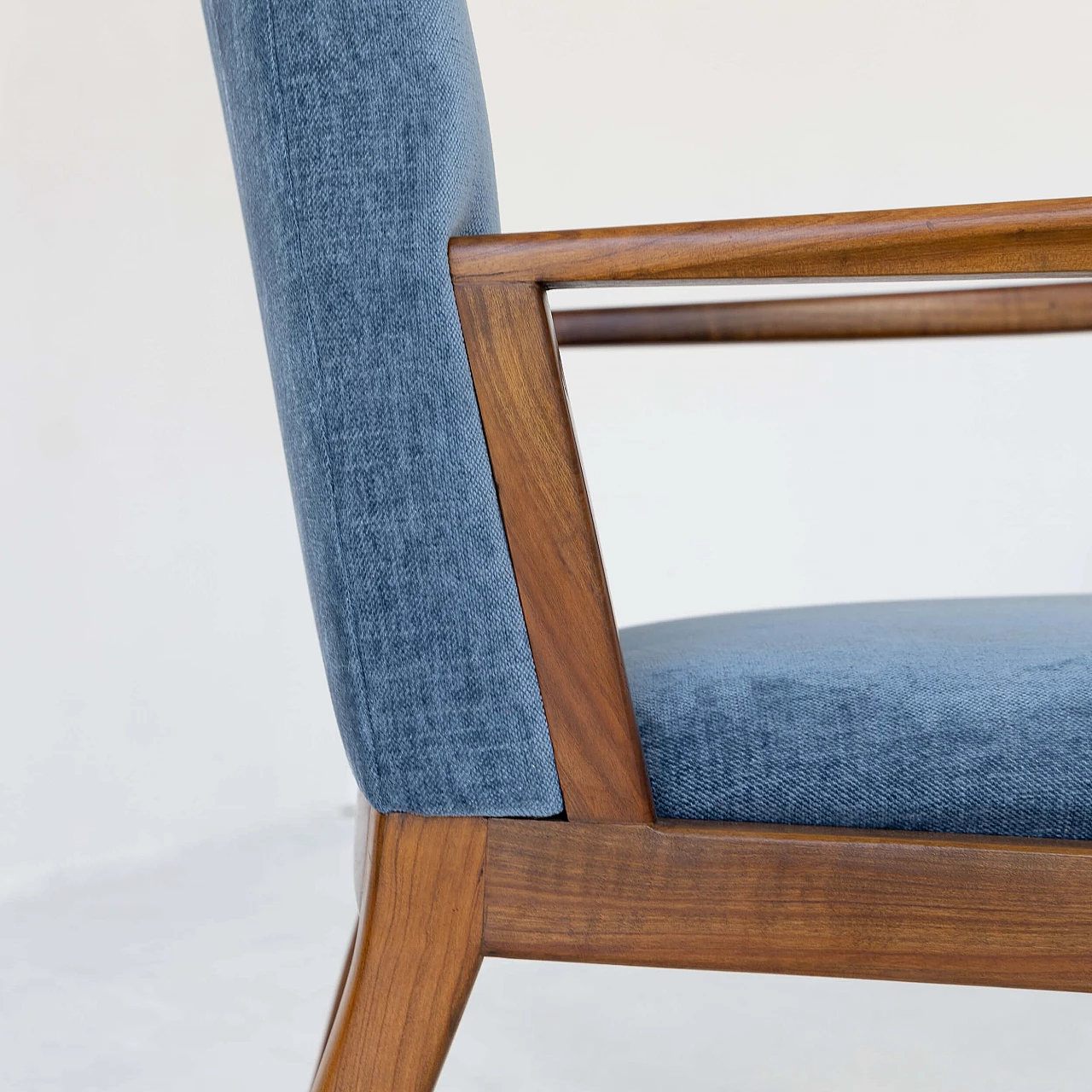 4 Armchairs in walnut and velvet, 1950s 8