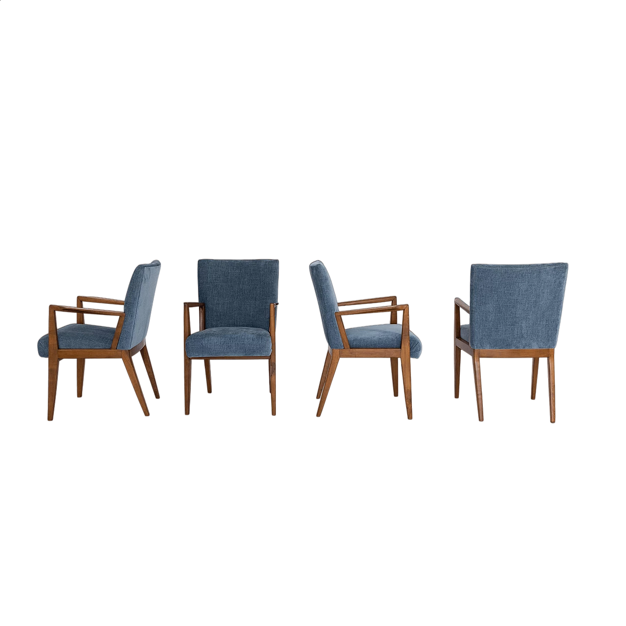 4 Armchairs in walnut and velvet, 1950s 11