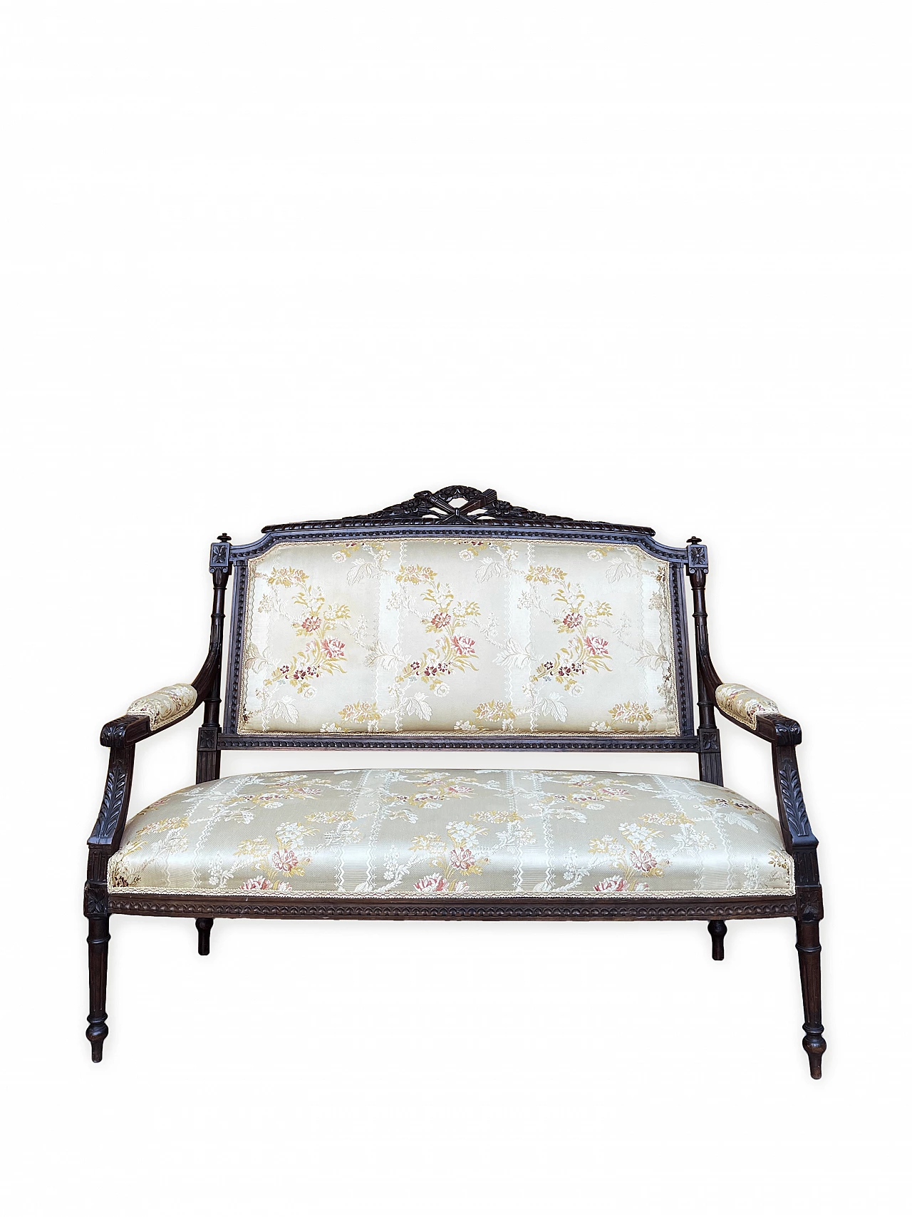 Carved wooden sofa and floral fabric in Louis XVI style, early 20th century 1